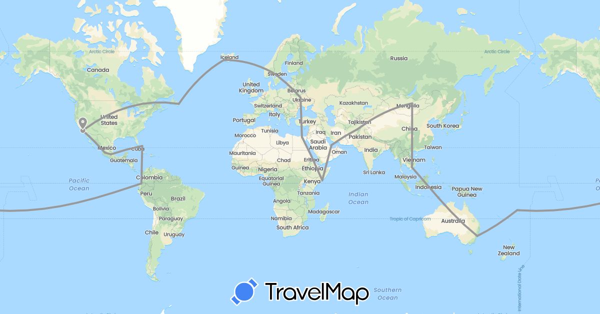 TravelMap itinerary: driving, plane in Afghanistan, Australia, Bahamas, Canada, Ecuador, Egypt, Fiji, Iceland, Mongolia, Mexico, Norway, Qatar, Somalia, Ukraine, United States, Vietnam (Africa, Asia, Europe, North America, Oceania, South America)